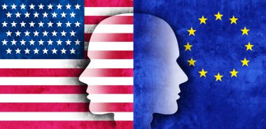United States European Union Relations with EU and US geopolitical issues or economic challenge as exports and imports between the two as Washington and Brussels in a 3D illustration style. clipart