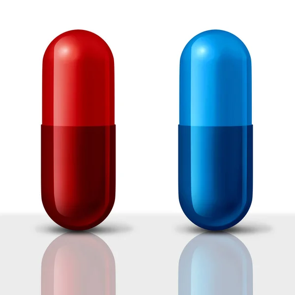 一般的な薬とブランド薬赤と青の錠剤選択薬カプセルとして低価格のジェネリック医薬品または3Dレンダリングとしてより高価な医薬品を選択するシンボルとして — ストック写真