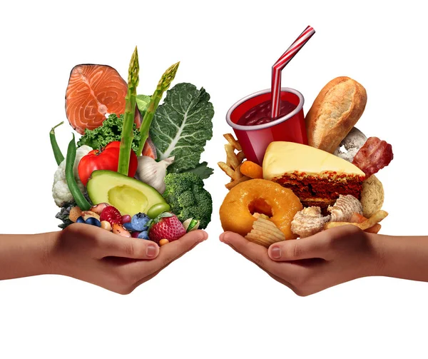 糖尿病と糖尿病食品の選択は 高繊維 低血糖インデックス果物や野菜や赤身のタンパク質や高炭水化物加工食品などの糖尿病患者のための健康的な食事の選択として — ストック写真