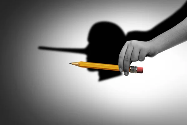 Concept Of Cheating and creative fraud as a cheater or con-artist hilding a pencil as a liar who cheats and scams as a corruption symbol for dishonesty with 3D illustration elements.