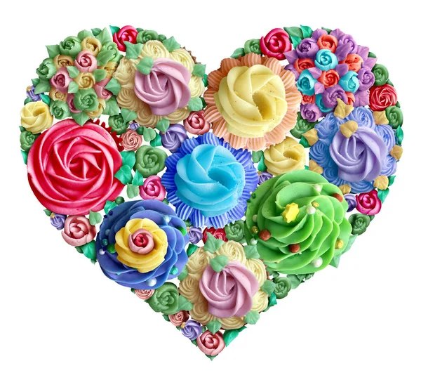 Cupcake love and cup-cake dessert as a group of pastry or pastries as edible decorations as cakes decorated with frosting for Birthday parties or wedding party and baby shower treats shaped as a heart.