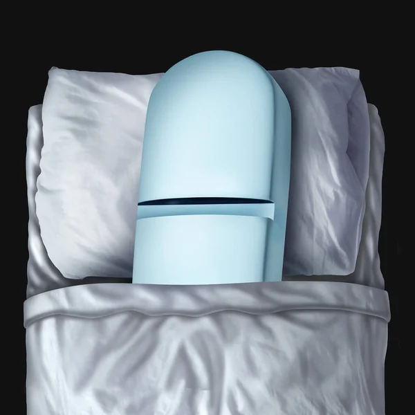 メラトニン不眠症の概念と睡眠障害睡眠障害砂の難しさ3Dイラスト要素と枕の上に休んでベッドで錠剤として眠る — ストック写真