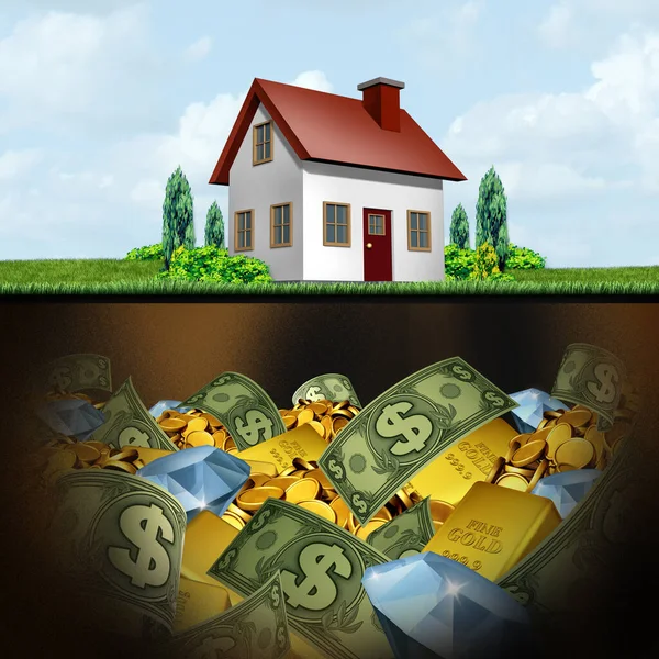 Hidden wealth and home equity value concept as the rising equity in real estate or hiding money and  reverse mortgage or HELOC as a home with gold and money that is hidden as a 3D illustration.