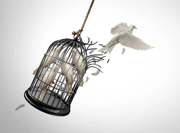 鳥としての境界と自由の概念を破る3Dイラスト要素で成功する自信を持って個人主義と目的の力の象徴として投獄された鳥とケージを脱出 — ストック写真