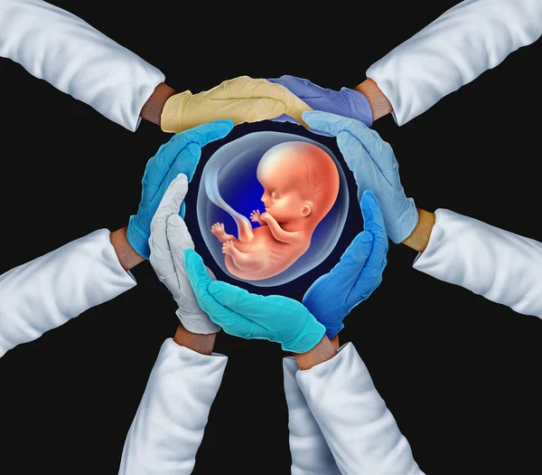 3Dイラスト形式でヒト胚を保持する研究者のチームとしての不妊チームワークと招待受精チームまたは合成モデル胚 — ストック写真