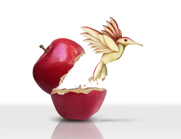 创新突破概念作为一个红苹果 通过创新和进化转化为一只飞鸟 作为一种商业隐喻或生活动力 — 图库照片