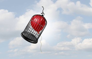 overcoming or overcome limitations and restrictions as a cage obstacle being lifted by a balloon as a metaphor for taking control and successor or journey and determination as a 3D illustration. clipart