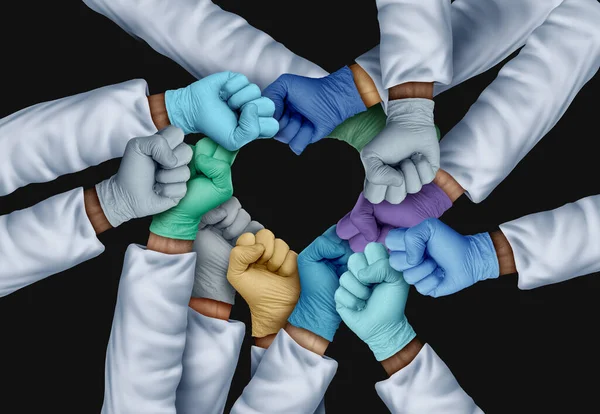 United Medical staff and Health care workers unity as doctors and nurses and hospital employees working together as a medical teamwork and global healthcare partnership haped as a heart.