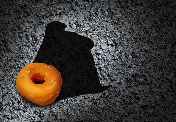 营养不良和吃垃圾食品导致肥胖和体重增加的结果是甜甜圈和肥胖人士在3D图解中的象征 — 图库照片