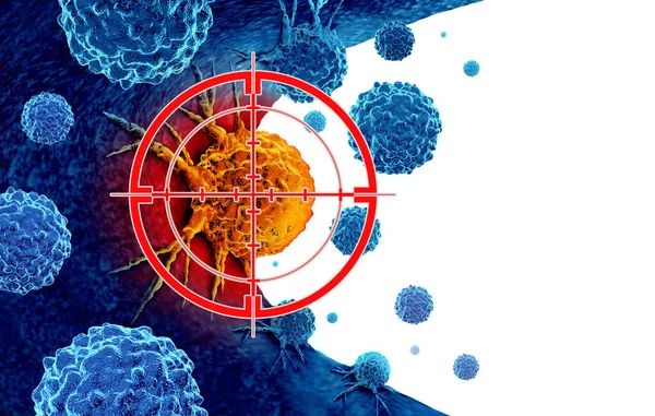 がんの診断および疾患の検出またはスクリーニングは 3Dレンダリングとしての免疫療法のシンボルとして癌性物質およびがん細胞を持つ遺伝学によって引き起こされる生検または検査を伴う悪性細胞の治療として — ストック写真