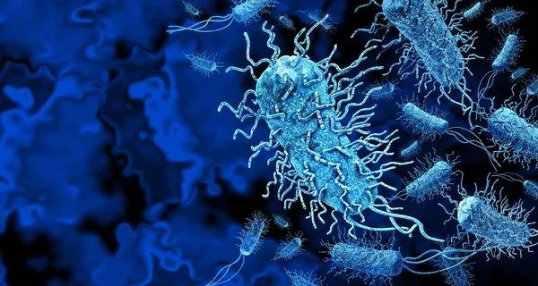 細菌感染症および細菌感染症の概念 細菌学および微生物学またはバイオテクノロジーの概念として感染を引き起こす感染細胞として3Dイラスト — ストック写真