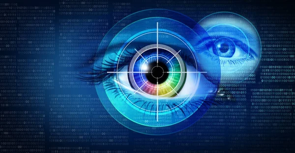 Biometric security background and digital identity as an Iris scan recognition or Retinal scanning as a method of biometrics identification and cybernetic technology in a 3D illustration style.