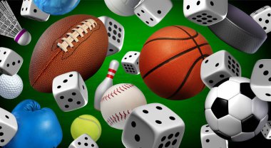 Sport Betting and sports bets or online sporting events gambling as football betting and draft picks or basketball game bet and Hockey betting with dice and 3D illustration elements. clipart