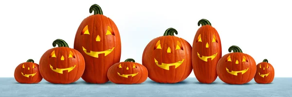 stock image Happy Pumpkin Group and Halloween jack o lantern as pumpkins in a row as an autumn symbol for a fall celebration of a trick or treat tradition in a 3D illustration style.