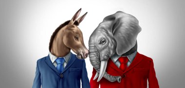 Left wing and right-wing politics as a political fight with a donkey and an elephant as a political election fight with a conservative and a liberalpolitician in a 3D illustration style. clipart