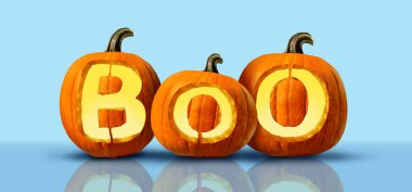 Halloween Boo Pumpkin lantern and Jack O Lantern as funny spooky orange trick or treat pumpkins with carved text as a marketing message on a blue background with 3D illustration elements. clipart