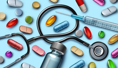 Medicine Background and medication Health or Health-Care medical symbol as a Hospital or Pharmacy  and Pharma theme as pills and therapeutics as vaccines representing Pharmaceutical industry to alleviate Pain as Anti-Depressants as a 3D illustration. clipart