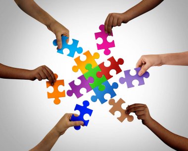 Inclusion and equity as a diversity symbol of belonging and collaborative trust as diverse people uniting together a puzzle with a variety of jigsaw pieces as an inclusive concept with 3D illustration style elements. clipart