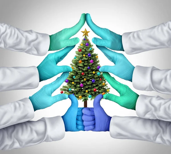 Hospital Christmas Season Celebration and Medical winter holiday with health workers as physicians joining hands forming a pine tree with a medicine group celebrating as a doctor community health support metaphor with 3D illustration elements.