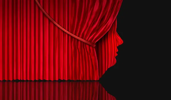 Revealing Our True Selves as red velvet Curtain reveal as cinema or theater drapes as a human face as a 3D illustration.