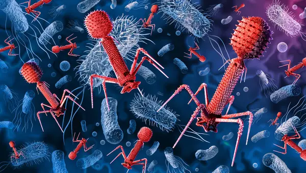Phages and Bacteria and bacteriophage with e-coli bacterium as bacterial infection being attacked by Bacteriophages as a pathology or virology medical science concept.