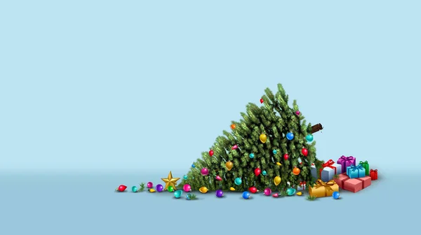 Fallen Christmas tree as a Funny Holiday mishap Card as a broken Decorated pine with ornate decorative balls and gifts as a humorous seasonal symbol of winter challenges and the stress of the New Year.