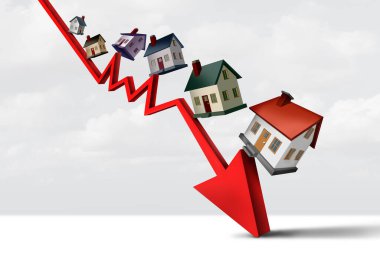Falling House Prices and Home prices fall and Real Estate decline or Home price reduction and housing devalued market and mortgage Subprime lending financial turbulence and house debt crisis as an economic recession. clipart