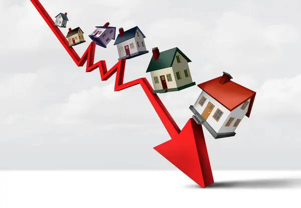Falling House Prices and Home prices fall and Real Estate decline or Home price reduction and housing devalued market and mortgage Subprime lending financial turbulence and house debt crisis as an economic recession.