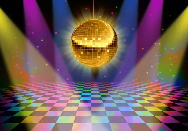 Disco New Year Dance Floor at a night club with a golden mirror ball as a symbol of fun DJ  dancing party in a nightclub or Bar with glowing stage lights and wall reflexions and checkered floor.