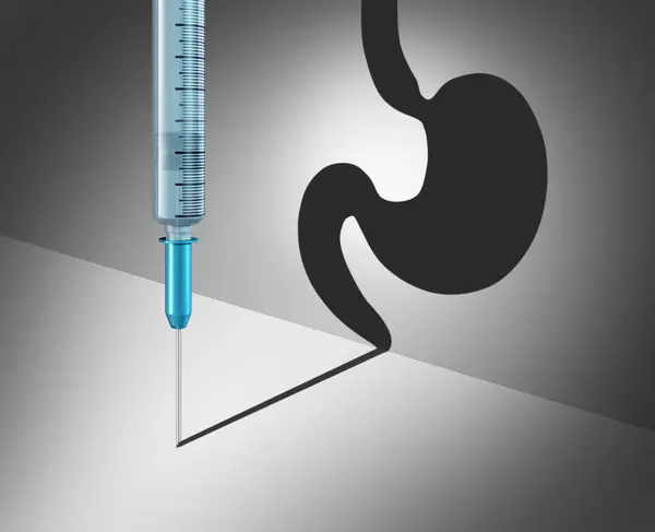 Obesity Management Medicine Hypodermic Needle Syringe Casting Shadow Representing Stomach — Stock Photo, Image