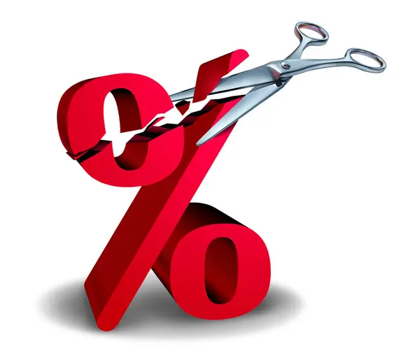 stock image Interest Rates Cut and lower Mortgage rate cuts as home and business finance with a percentage sign being slashed as a real estate and banking symbol or reduced lending percentages concept