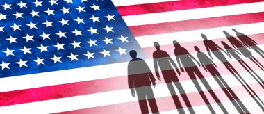 US Immigration Crisis and American refugee migrant surge concept as people on a border wall with USA flag as a social issue about refugees or immigrants as migrating women men and children. clipart