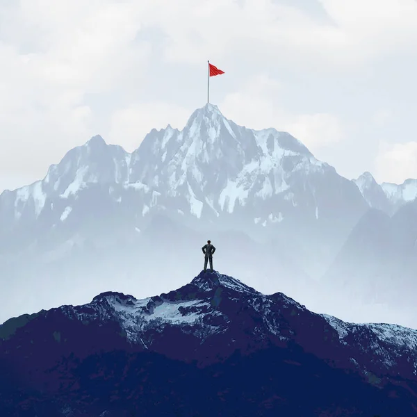 Business Success Goals Challenges Climbing High Mountain Metaphor Businessman Goal — Stock Photo, Image