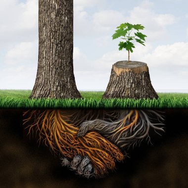 Fix a Broken relationship and reviving a dead partnership with two trees with roots representing a business handshake with one tree cut down and the root rotting recovering  with new growth as a symbol of hope and reconciliation. clipart