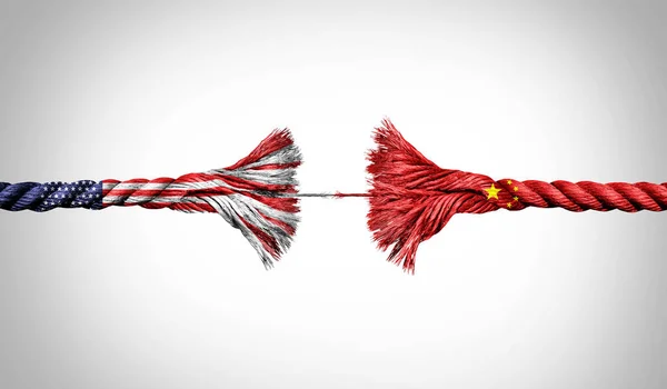 China Crisis Concept Broken Rope Stretched Force Stressed Decoupling Metaphor — Stock Photo, Image