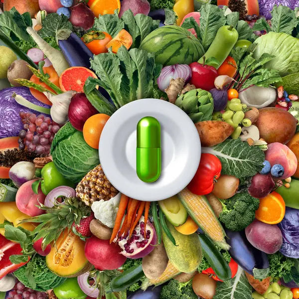 Natural Food Supplement Multivitamin Vitamin Nutrition Supplements Capsule Fruit Vegetables — Stock Photo, Image