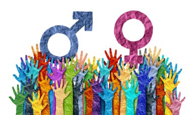 Gender Equality and equal rights as a male and female symbol supported fairly by society fighting Inequality and sex discrimination or sexism as a metaphor for unfair gender bias awareness. clipart