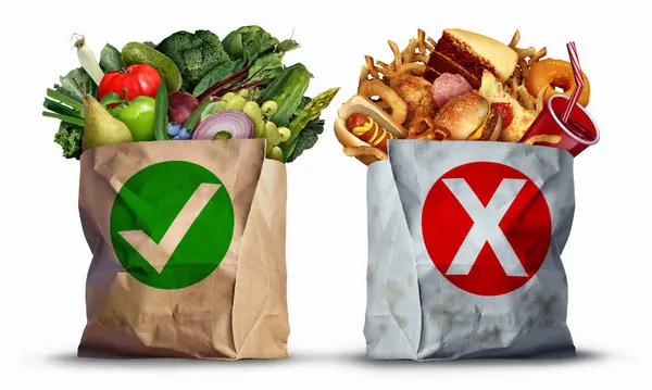 Alegeri Alimentare Sănătoase Nesănătoase Decizie Stil Viață Între Cumpărarea Fructelor — Fotografie, imagine de stoc
