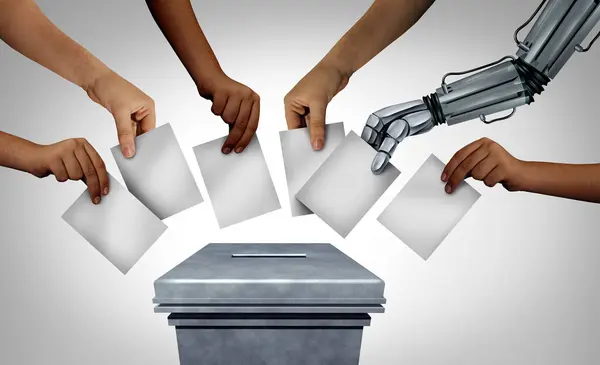 Politik Und Gesellschaft Als Gemeinschaftsabstimmung Mit Einem Abstimmungsroboter Der Stimmzettel Stockbild
