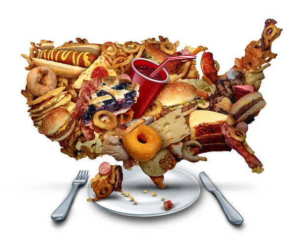 US Unhealthy Eating Habits and American Junk Food Crisisor fast-food Diet as United States nutrition issue representing obesity in America and greasy high cholesterol eating habits.