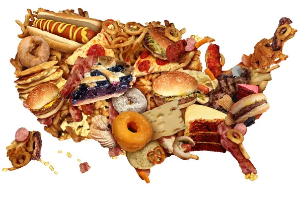 アメリカ合衆国の肥満を表すアメリカの不健康な食べ物としての米国のジャンクフードダイエットとアメリカの健康危機としての高コレステロール摂取習慣 ストック写真