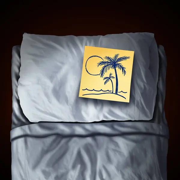 睡眠休暇と休暇観光 休憩のための休日として 枕とベッドでリラクゼーション 旅行のリマインダーとしての健康のためのシンボルを思い出させる ストック画像