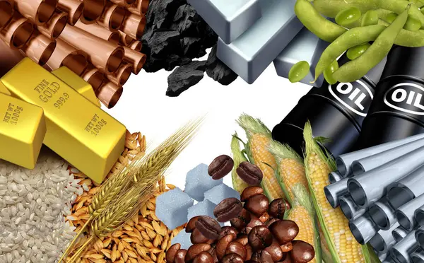 原油コーヒー豆の銅の金および小麦として取引または交換するための経済財および天然資源としての原料および農産物としての商品および商品の背景 ストック写真
