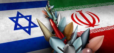 Iran Israel Military Crisis and armed confrontation or Israeli Iranian proxy war conflict with two opposing governments in a dispute as a persian gulf and armed middle east. clipart