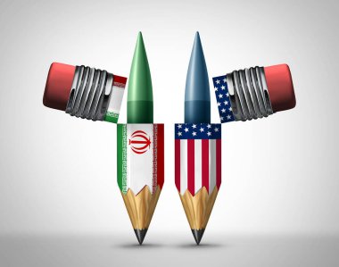 Iran US Diplomacy Or War as American weapons and Iranian arms inside pencils representing the tools of challenging diplomacy or diplomatic failure risk. clipart