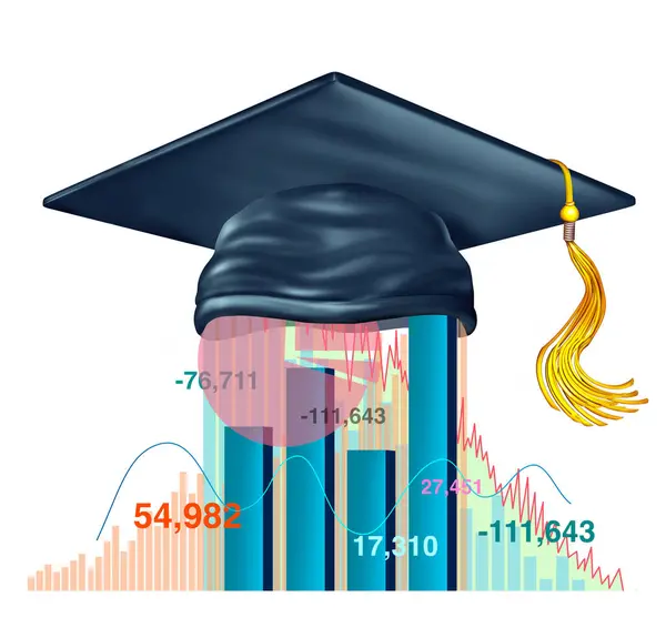 Financial Literacy and economics student or business degree symbol as a mortar board or graduation hat with finance symbol as a stock analyst icon.