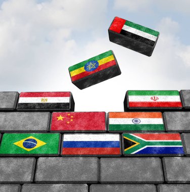 Brics Expansion and Growing Group as Brazil Russia India China and South Africa intergovernmental organization as emerging market countries as Egypt Ethiopia Iran and the United Arab Emirates as a geopolitical bloc. clipart