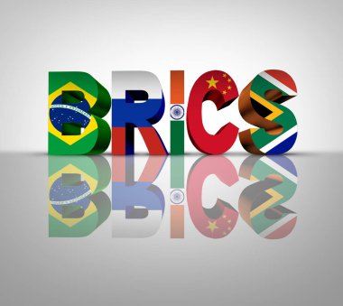 BRICS symbol as Brazil Russia India China and South Africa intergovernmental organization as emerging market countries as Egypt Ethiopia Iran and the United Arab Emirates as a geopolitical bloc. clipart