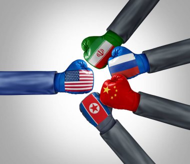 USA Versus Russia China North Korea And Iran as a strategic economic and political partnership and foreign policy alliance to compete with American government policies or trade war and sanctions issues. clipart