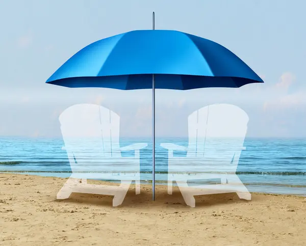 Altersvorsorge Und Alterssicherung Als Szene Strand Mit Einem Sonnenschirm Der lizenzfreie Stockfotos